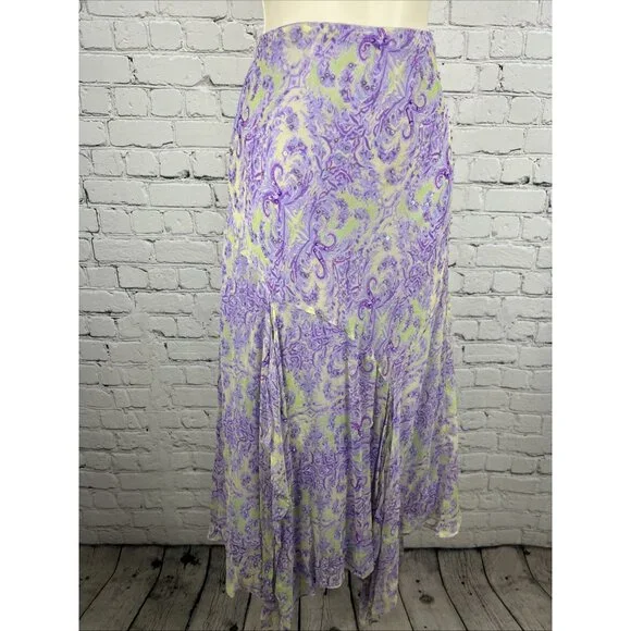 VTG I.C.E. Purple Green 100% Silk Chiffon Floral Beaded Flowy Maxi Long Skirt M - Picture 12 of 13